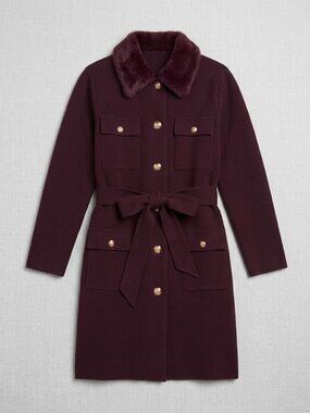 NVLT Anthropologie Military Belted Coatigan Faux Fur Collar Dark Plum Sweater